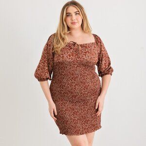 Zenobia Plus Size Smocked Printed Square Neck Mini Dress